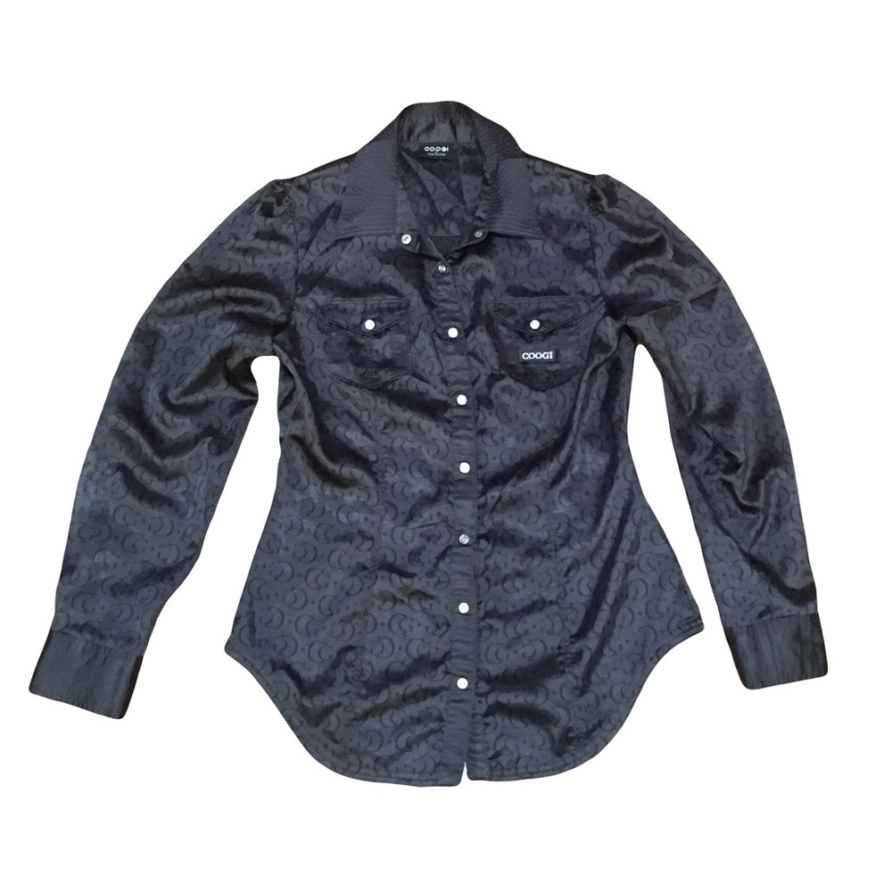 COOGI MEDIUM Black Logo Satin Long Sleeve Shirt Blouse Top Pockets & Snaps